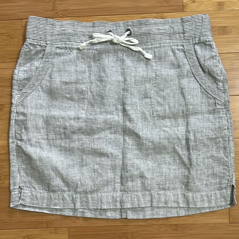 Athleta Midtown 100% Linen Elastic Drawstring Skirt size 10 Navy White